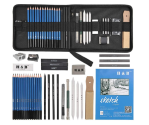 H & B Sketching Pencils Set, 32-Piece Drawing Pencils and Sketch Kit,  Complete Artist Kit Includes Graphite Pencils, Charcoal